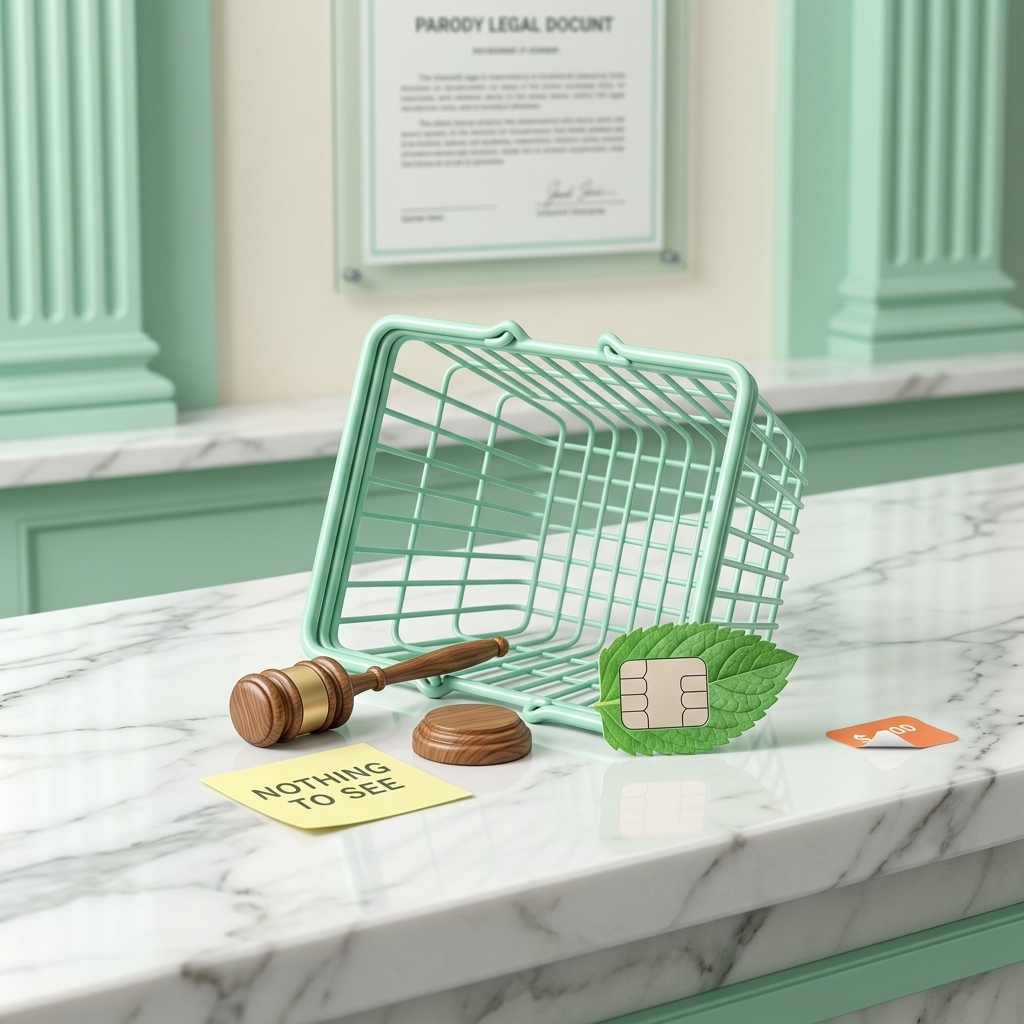 Empty mint-green shopping basket tipped on its side next to a tiny gavel and a blank sticky note that says NOTHING TO SEE