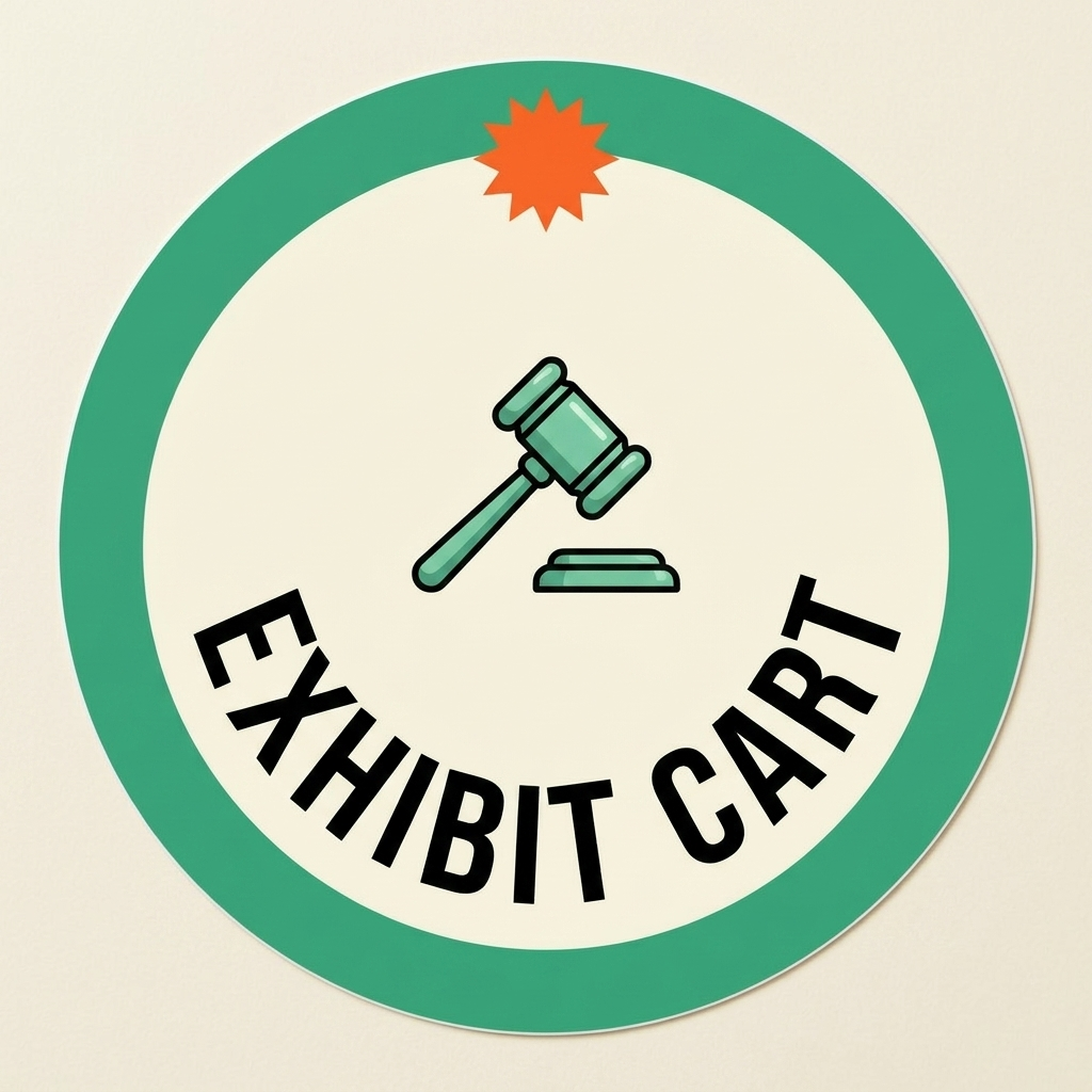 Round mint-green exhibit sticker reading EXHIBIT CART with a tiny cartoon gavel, no readable real names