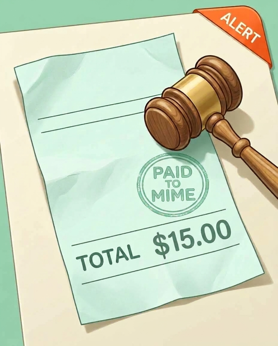 Cartoon gavel stamped across a blank parody receipt that reads TOTAL $0.00 SATIRE