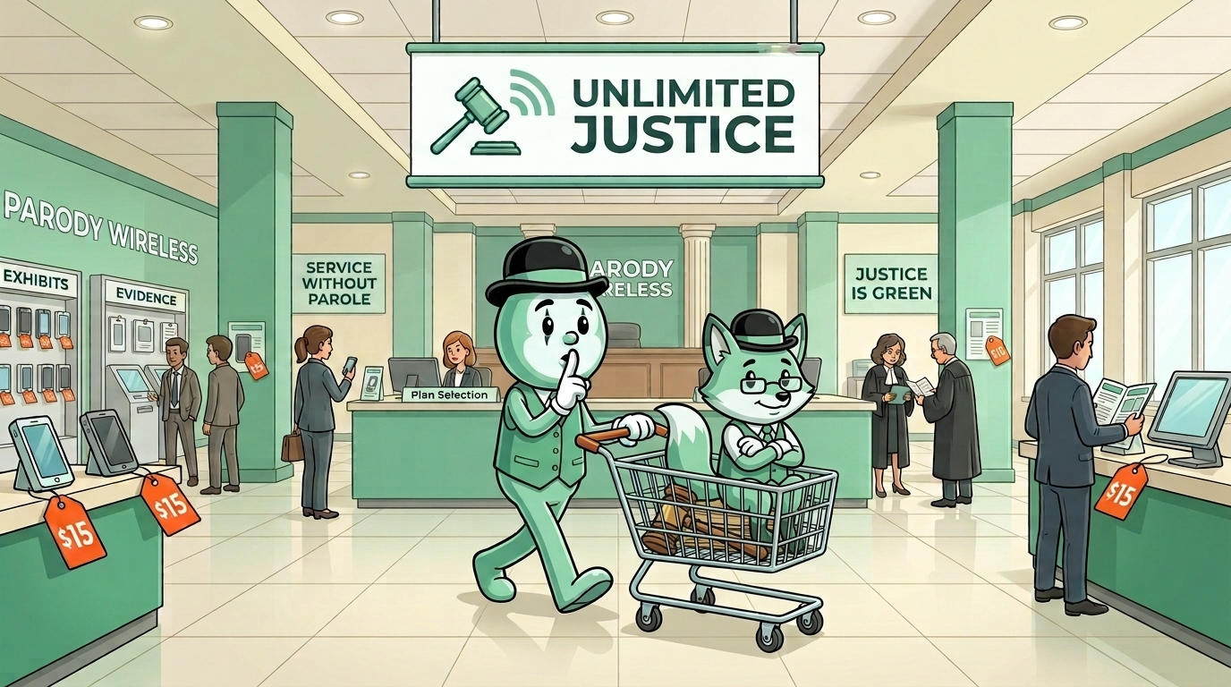 Cartoon mint-green courtroom shopping hero: empty cart with gavel wheels and a mime holding an invisible basket