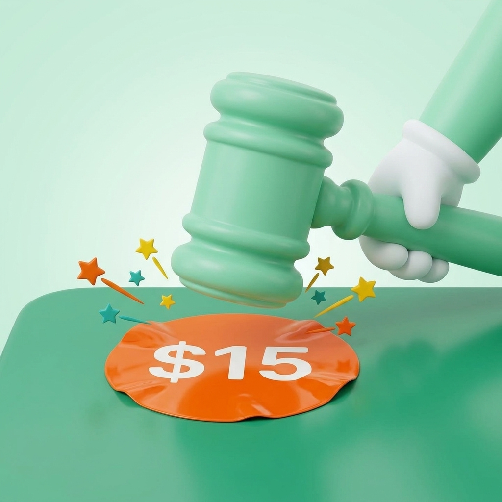 Flash sale gavel with $15 sticker