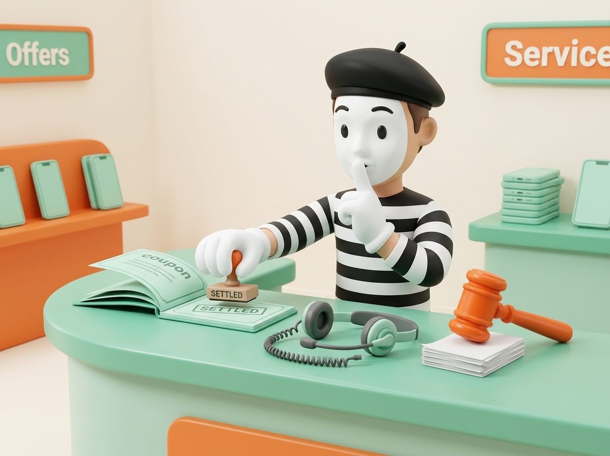 Silent mime clerk stamping SETTLED on a mint coupon book