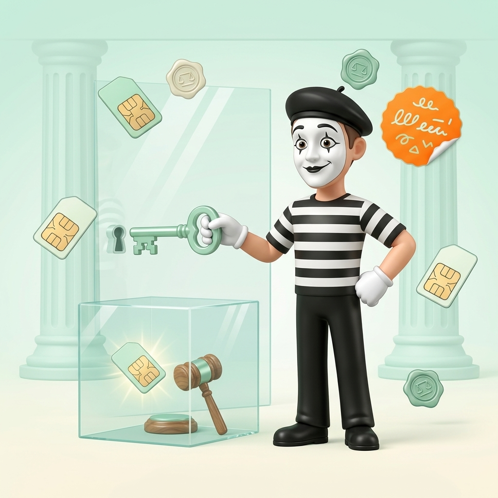 Mime holding an oversized mint key to a glass box